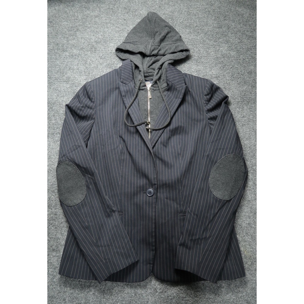 Tommy Hilfiger Women's Pinstripe Blazer Hoodie Jacket Elbow Patch Navy Gray Sz 8